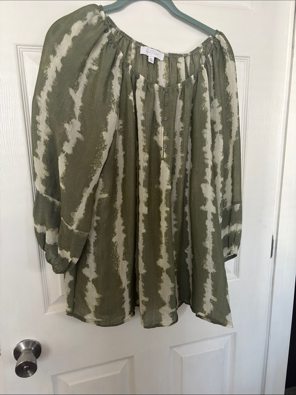 new directions Olive & Cream Tie-Dye Peasant Top